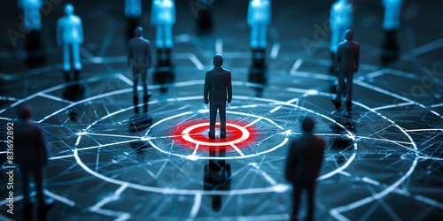 Digital illustration of human figures connected by a network, with one figure standing on a red target, symbolizing targeting, networking, and data analysis in a digital landscape.
