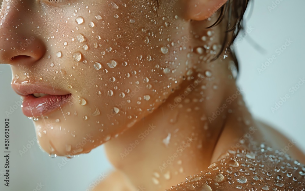 Fototapeta premium Close-up of a young person with water droplets on their face and neck, highlighting skin texture and freshness. Refreshing and moisturizing concept.