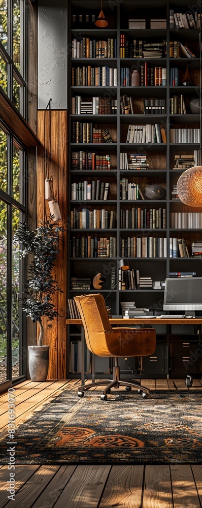 Fototapeta premium Elegant home office with library, cozy leather chair, wooden shelves, large windows, and stylish decor, bathed in natural light.