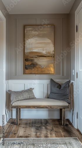 Cozy entryway with bench seating, decorative pillows, and framed artwork on the wall, creating a welcoming and stylish atmosphere.