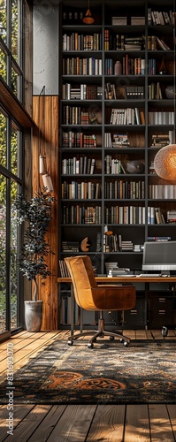 Elegant home office with library  cozy leather chair  wooden shelves  large windows  and stylish decor  bathed in natural light.