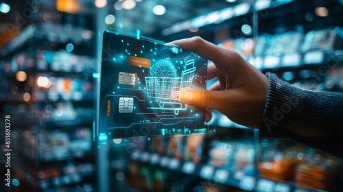 A futuristic image of a hand holding a digital credit card in front of a virtual store representing the ease and convenience of digital payments in ecommerce.