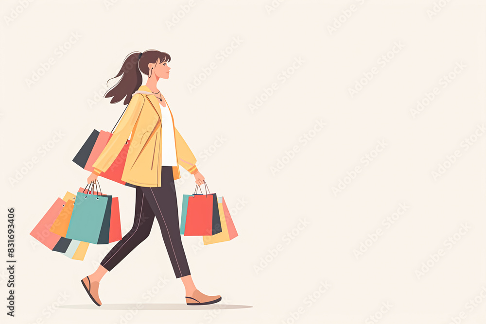 A woman in a minimal flat design style carrying multiple shopping bags, walking with a relaxed posture, against a simple background