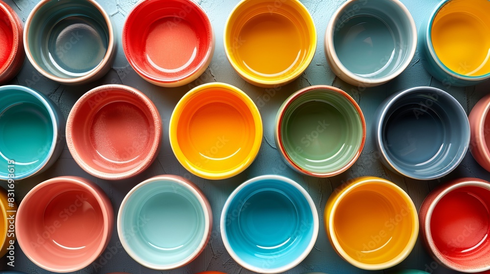 Creative display of vibrant ceramic cups in a honeycomb pattern, isolated background, studio lighting Creative display of vibrant ceramic cups in a honeycomb pattern, isolated background, studio lighting