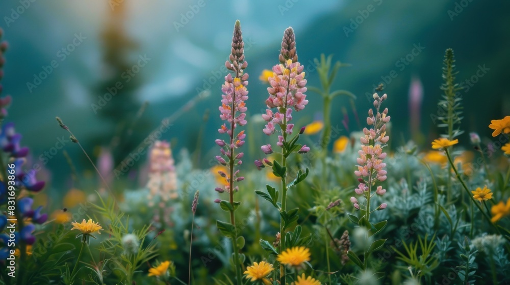 Obraz premium Amidst the symphony of nature's sounds, the camera captures the quiet grace of mountain herbs, their subtle beauty a testament to the serenity of the alpine landscape.