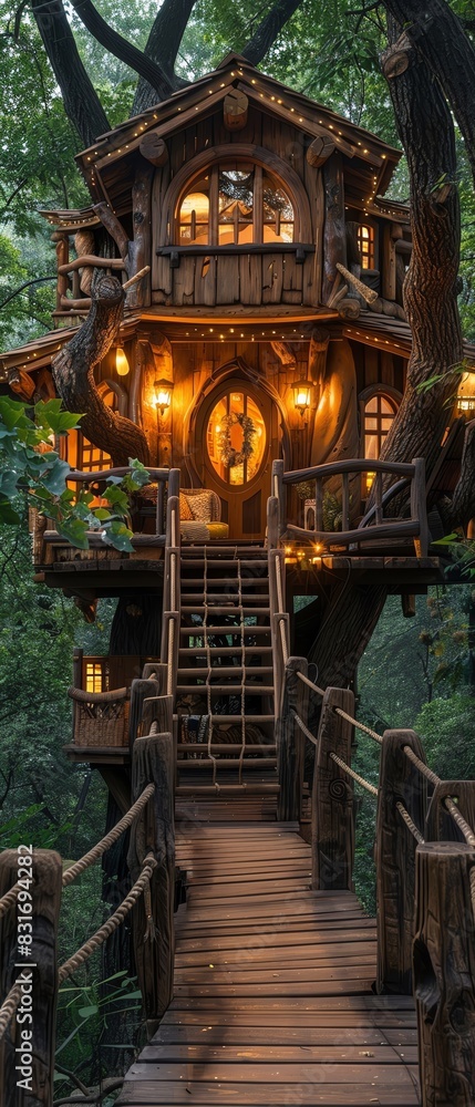 Obraz premium Enchanting treehouse in a lush forest, illuminated warmly, accessible by a rustic wooden bridge. Ideal for nature lovers and adventurers.