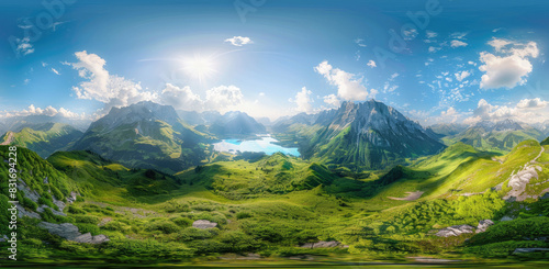 360 degree raw photo of the Alps, a mountainous green landscape with a blue sky, sunshine, a lake in a valley