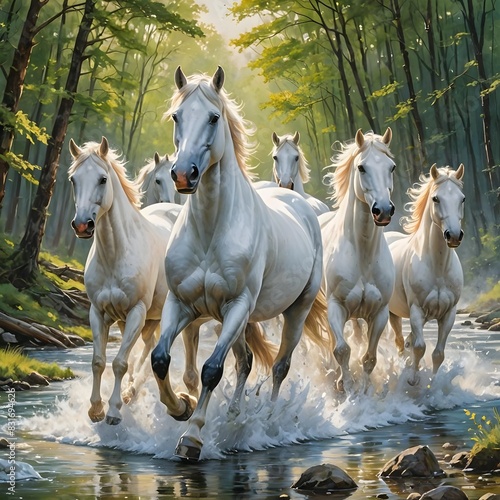A herd of untamed horses galloping along a creek in a wooded area.