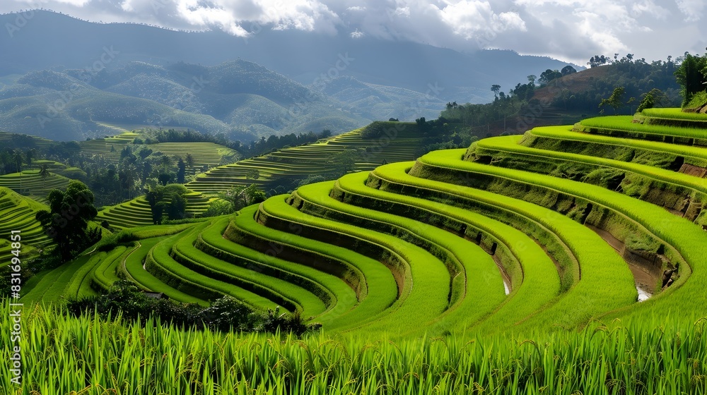 Lush Terraced Rice Fields Cascading Through Verdant Hills in Northern Thailand