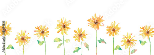 水彩画。水彩タッチの向日葵ベクターイラスト。向日葵の夏背景フレーム。Watercolor painting. Sunflower vector illustration with watercolor touch. Sunflower summer background frame.