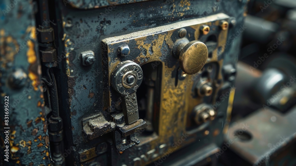 Close-up view of a key turning in a heavy-duty, industrial-style front door lock, focusing on the rugged design and mechanical components