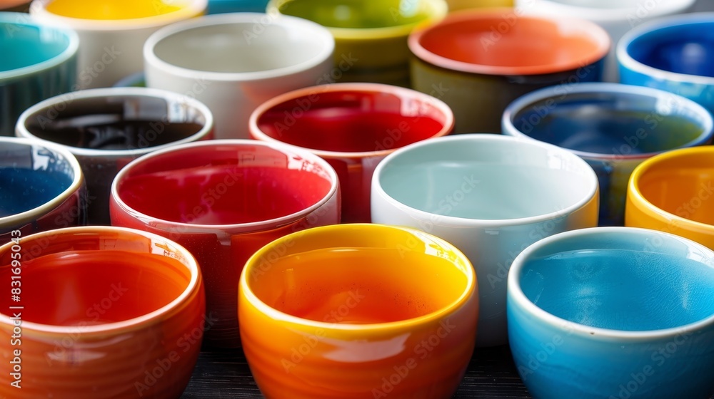Close-up, vibrant ceramic cups in various colors arranged in a symmetrical pattern, isolated background, studio lighting Close-up, vibrant ceramic cups in various colors arranged in a symmetrical pattern, isolated background, studio lighting