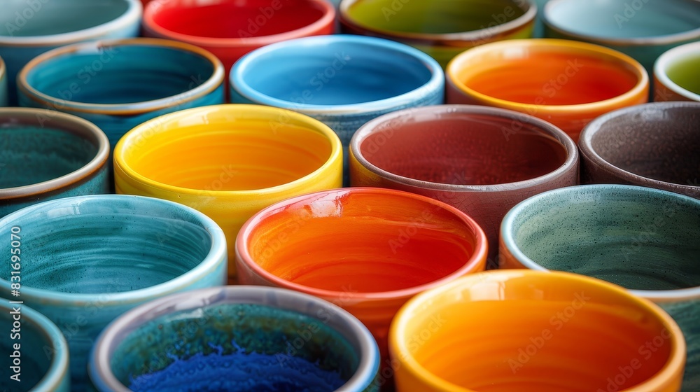 Close-up, vibrant ceramic cups in various colors arranged in a symmetrical pattern, isolated background, studio lighting Close-up, vibrant ceramic cups in various colors arranged in a symmetrical pattern, isolated background, studio lighting