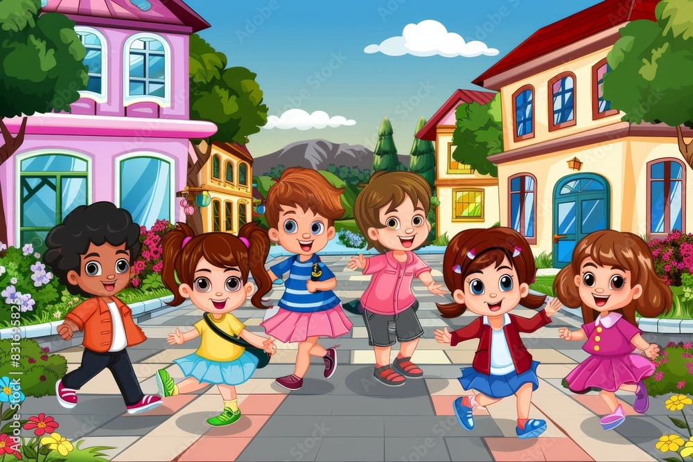 Group of kids walking in the street cartoon style. Vector illustration. Group of kids walking in the street cartoon style. Vector illustration.