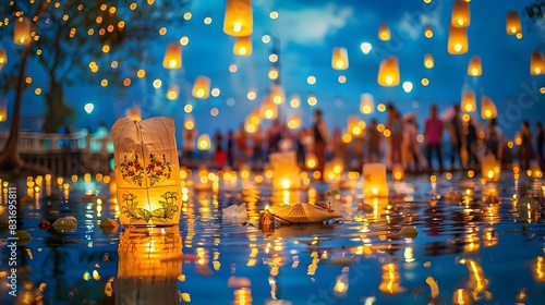 Enchanting Loy Krathong Festival with Floating Lanterns Illuminating the Tranquil Riverside photo