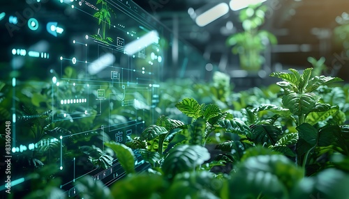 AI-integrated farm control center with lush green plants and a transparent digital interface showcasing farming data
