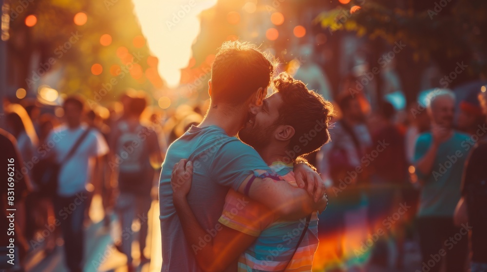 Fototapeta premium Embracing Love: Gay Couple Expressing Affection in a Crowded Public Space