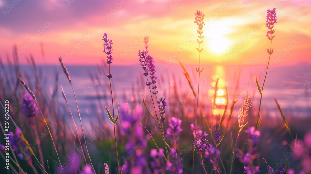 Lavender Field At Sunset With A Beautiful Warm Light. Lavender Field At Sunset With A Beautiful Warm Light.
