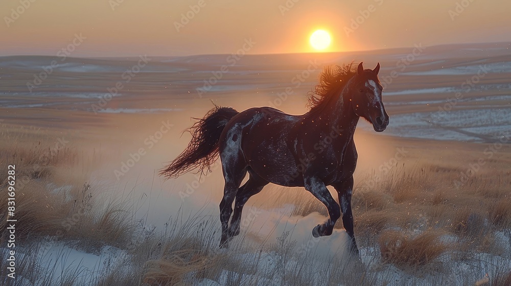 Majestic brown horse galloping in snow at sunset in a picturesque and stunning winter landscape