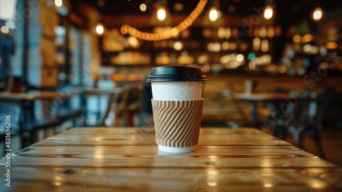A Solitary Coffee Cup Sits On A Wooden Table In A Busy Cafe. photo