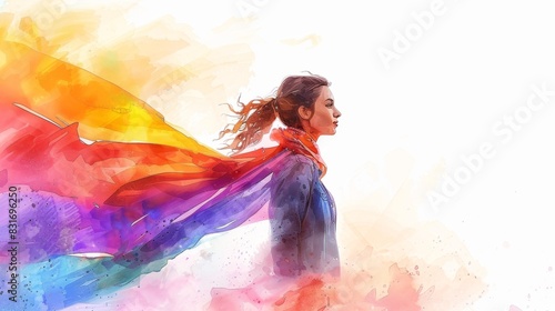 Empowered Turkish Woman Holding Pride Flag - Watercolor Painting on Paper with Minimalistic Design on White Background