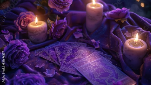 A Beautiful Spread Of Tarot Cards On A Purple Velvet Cloth, Surrounded By Candles And Roses. photo