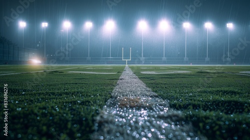 American Football Field At Night In The Rain With Stadium Lights On photo