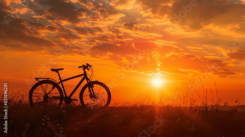 The Silhouette Of A Mountain Biker At Sunset. photo