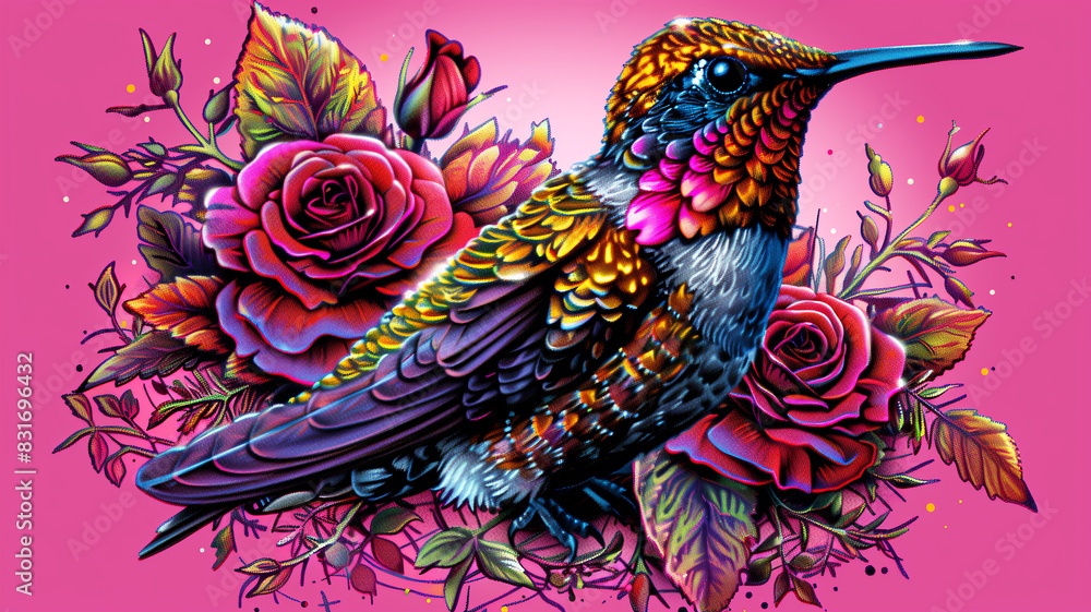 A colorful hummingbird is perched on a pink background with roses and leaves A colorful hummingbird is perched on a pink background with roses and leaves