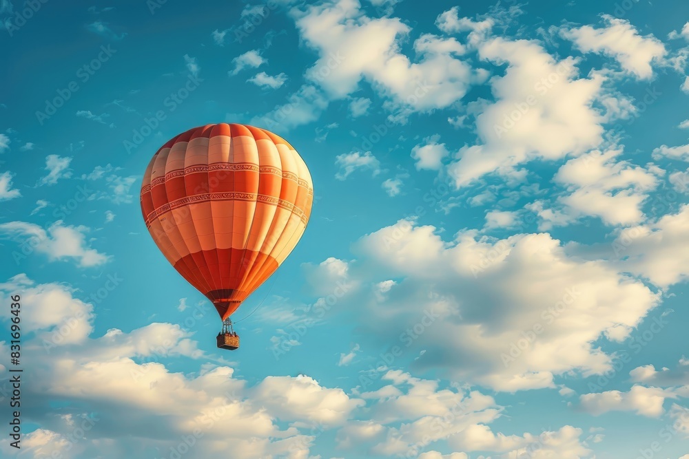 A hot air balloon with a decorative basket, floating amidst fluffy clouds and a dotted border, on a bright blue sky background. Ideal for promoting travel adventures, new experiences, and exploration. A hot air balloon with a decorative basket, floating amidst fluffy clouds and a dotted border, on a bright blue sky background. Ideal for promoting travel adventures, new experiences, and exploration.
