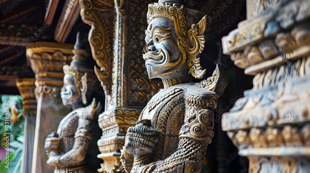 Ornate Carvings and Statues Adorning the Interior of a Thai Temple