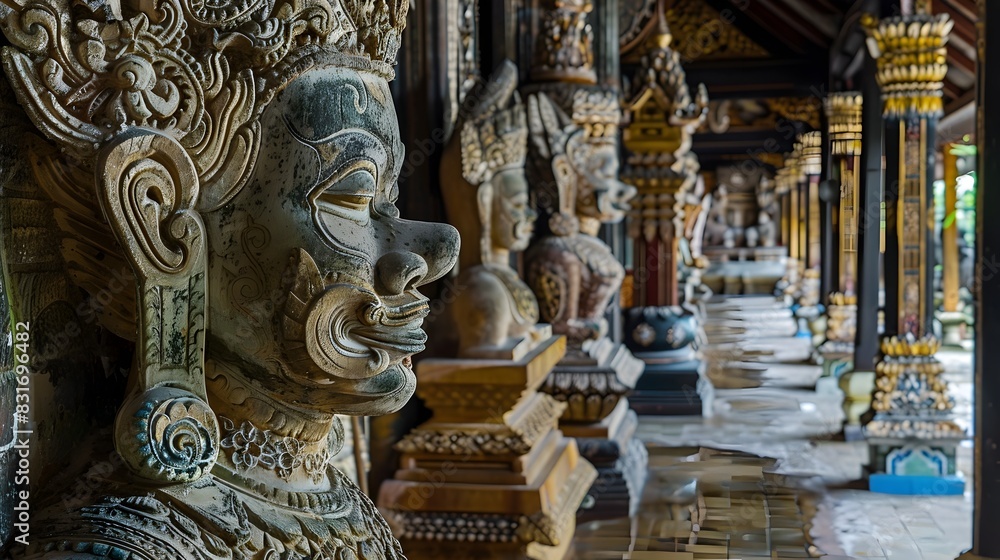 Fototapeta premium Ornate Carvings and Statues in a Majestic Thai Buddhist Temple
