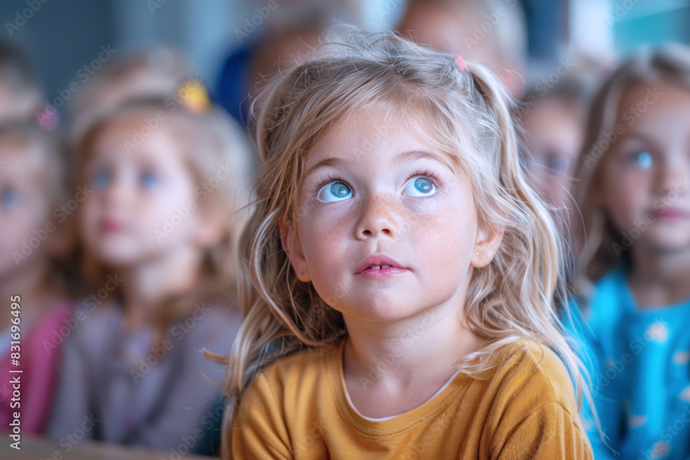 Fototapeta premium Kindergarten kid study in classroom, group of students back to school