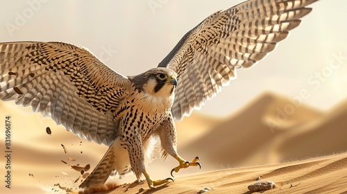  Falcon with open wings in the desert 