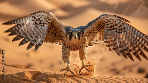  Falcon with open wings in the desert 