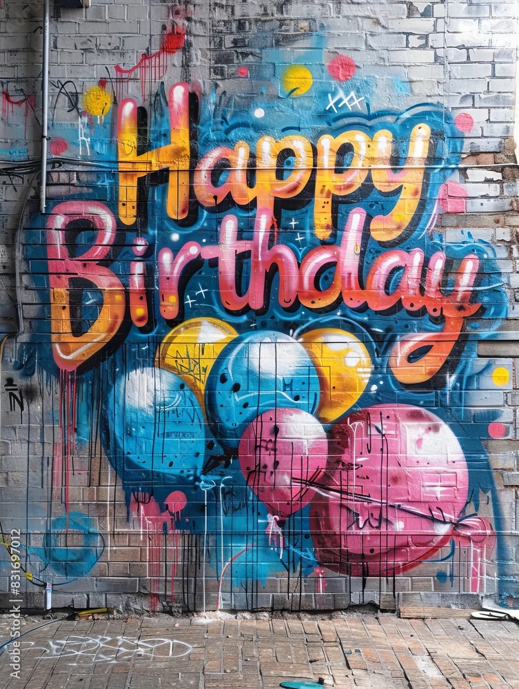 An old wall with graffiti that says Happy Birthday. 