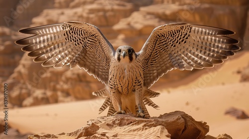  Falcon with open wings in the desert 