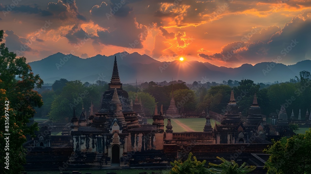 Stunning Sunset Over the Ancient Temples of Sukhothai in Thailand s Lush Landscape Stunning Sunset Over the Ancient Temples of Sukhothai in Thailand s Lush Landscape