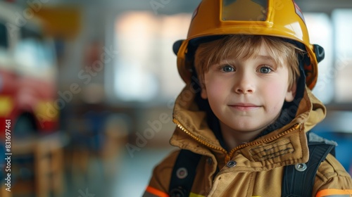a little boy in a firefighter suit against a blurred school classroom background, the aspirations and imagination of children, ideal for themes of career exploration and educational development © nicole