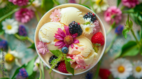 Wallpaper Mural Bowl of Vanilla Ice Cream with Fresh Berries and Flowers Torontodigital.ca