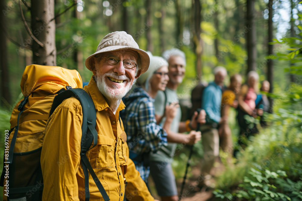 Elderly group on a nature hike through a forest trail, Stock Photo with copy space
