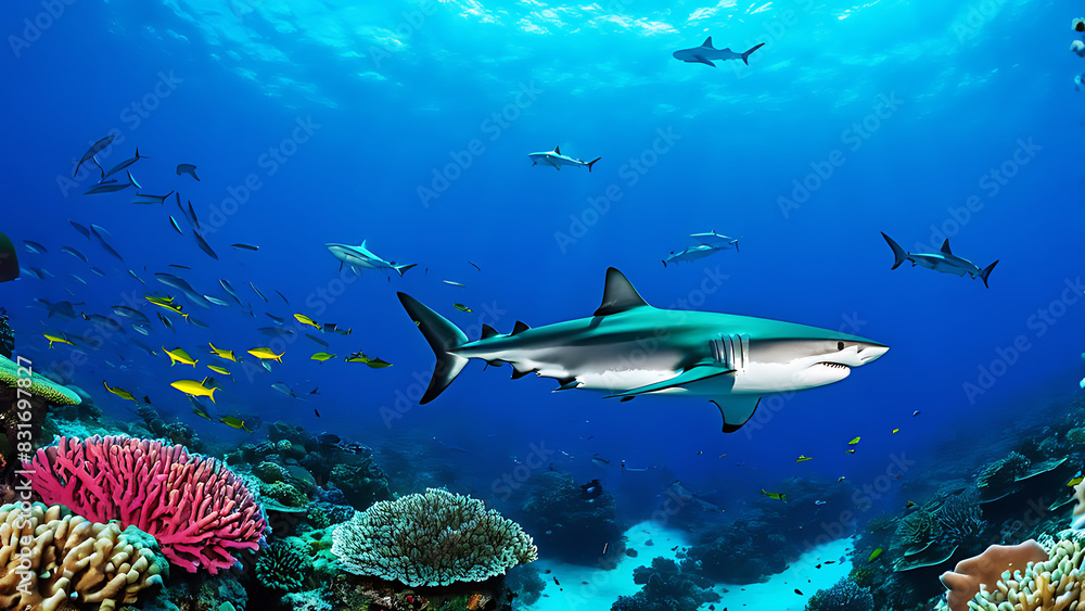 Fototapeta premium underwater silhouette shot of sharks circling little fishs