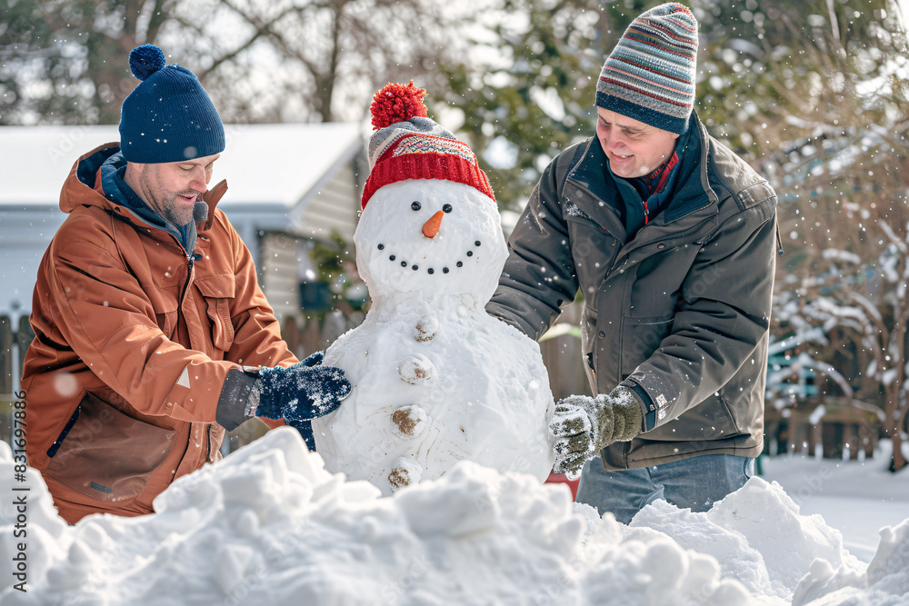 Family building a snowman together in a snowy backyard Stock Photo with copy space Family building a snowman together in a snowy backyard Stock Photo with copy space