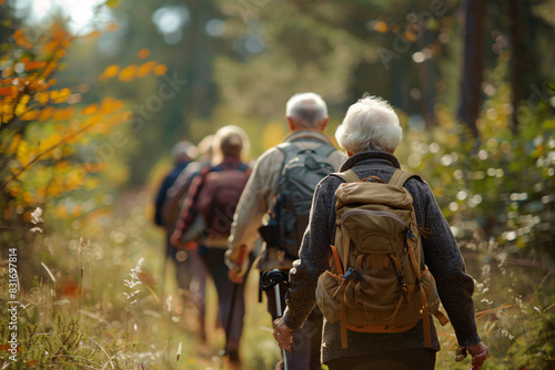 Elderly group on a nature hike through a forest trail  Stock Photo with copy space