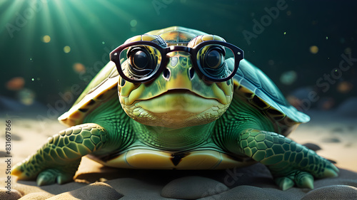Cute little green turtle with glasses in front of studio background. Generative AI photo