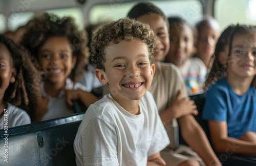 happy multiethnic children sitting on the school bus, surrounded by their friends and smiling at camera. The bus is filled with other students who have come to board for morning private school