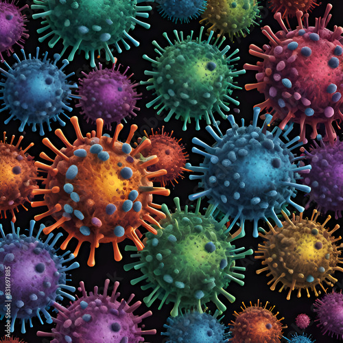Artistic Representation of Pathogenic Viruses microorganisms influenza colorful streptococcus on dark background
 photo