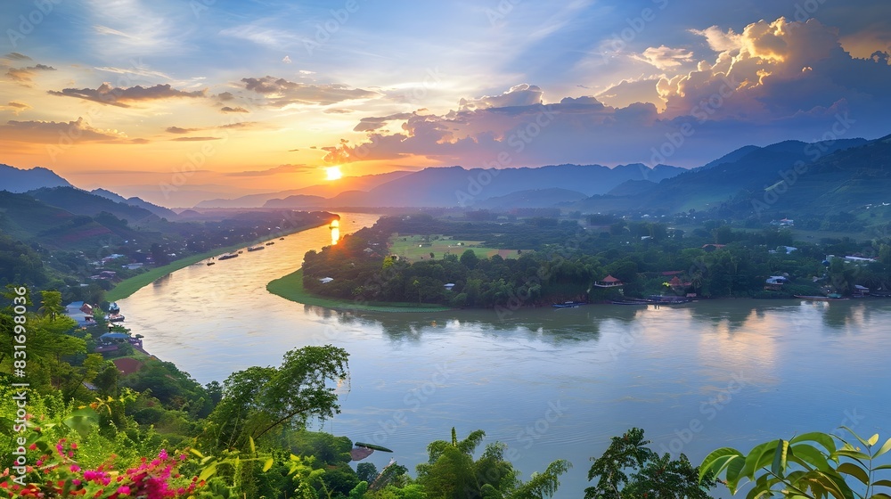 Captivating Sunset Scenery of Mekong River in Northern Thailand Landscape Captivating Sunset Scenery of Mekong River in Northern Thailand Landscape