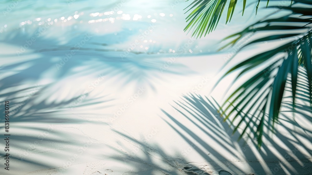 palm leaf shadow on abstract white sand beach background, sun lights on water surface, beautiful abstract background concept banner for summer vacation at the beach - generative ai