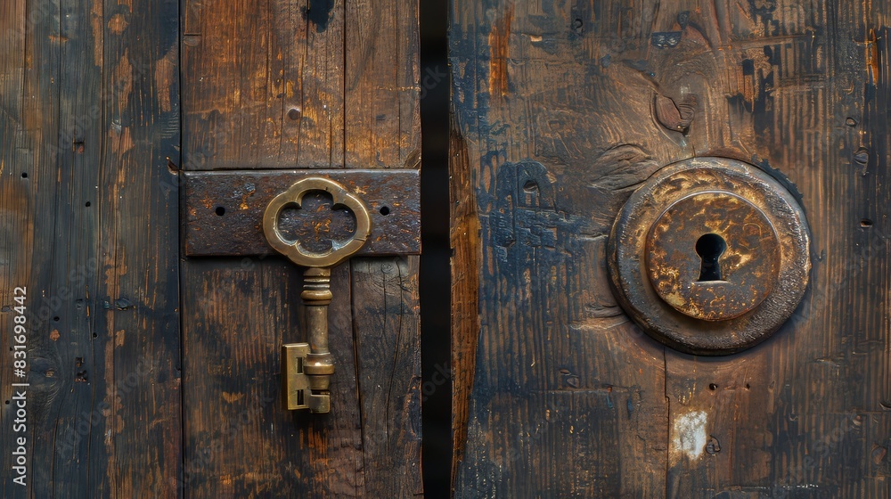 Fototapeta premium Close-up of a vintage door with a brass skeleton key lock, aged patina, isolated background, studio lighting